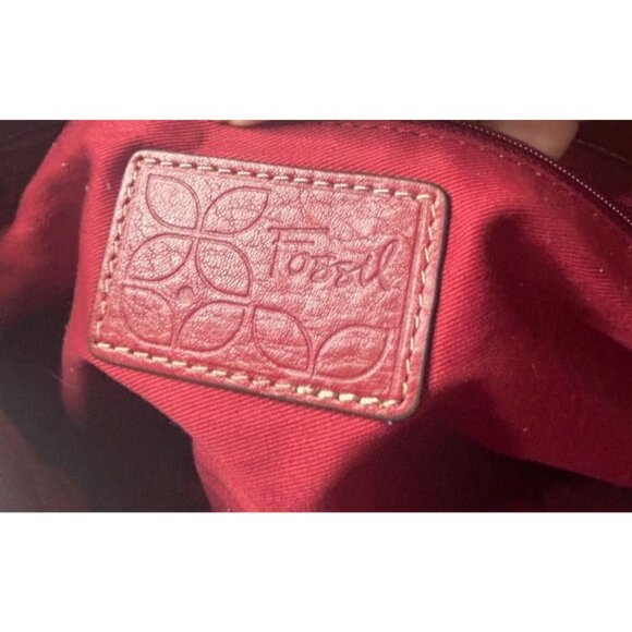 Vintage Fossil Red Pebbled Leather Shoulder Bag Side Pockets Brass Hardware - Picture 2 of 9